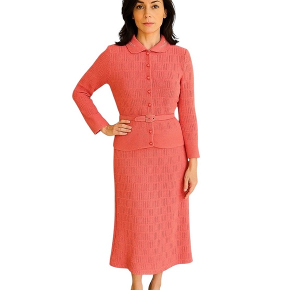 Vintage 1950s Toby Berman Medium Large 3 Piece Sweater Skirt Belt Set Jackie O